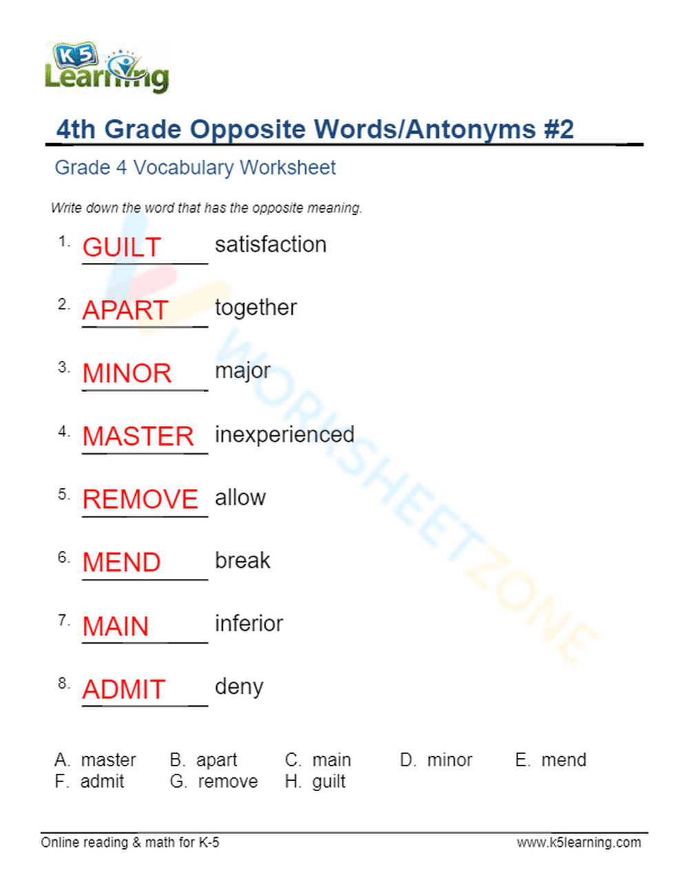 4th Grade Opposite Words/Antonyms 2 - Page 2