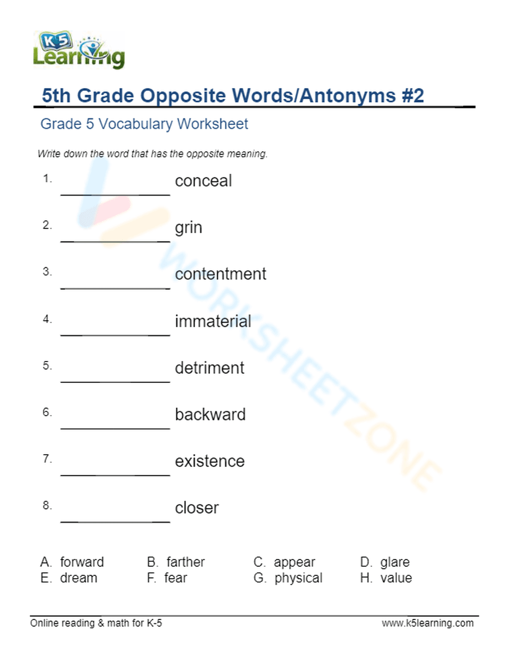 5th Grade Opposite Words/Antonyms 2 - Page 1
