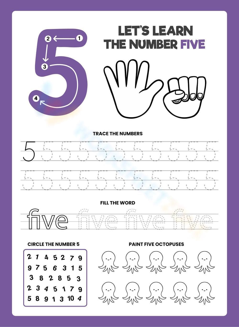 Explore the Number 5: Tracing, Matching, and Coloring Fun - Page 1