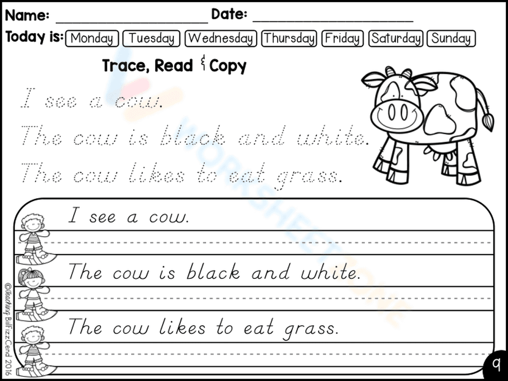 Trace, Read, and Copy Sentences About a Cow - Page 1