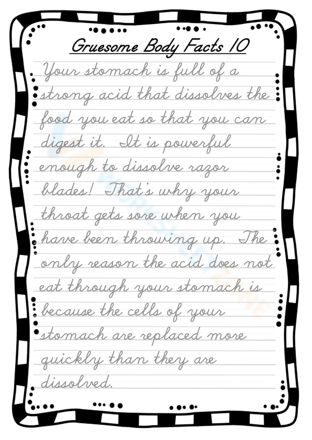 Cursive Handwriting: Fun Stomach Facts Worksheets - Page 1