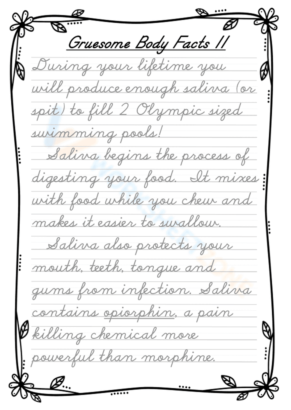 Cursive Handwriting Practice: Gruesome Saliva Facts - Page 1