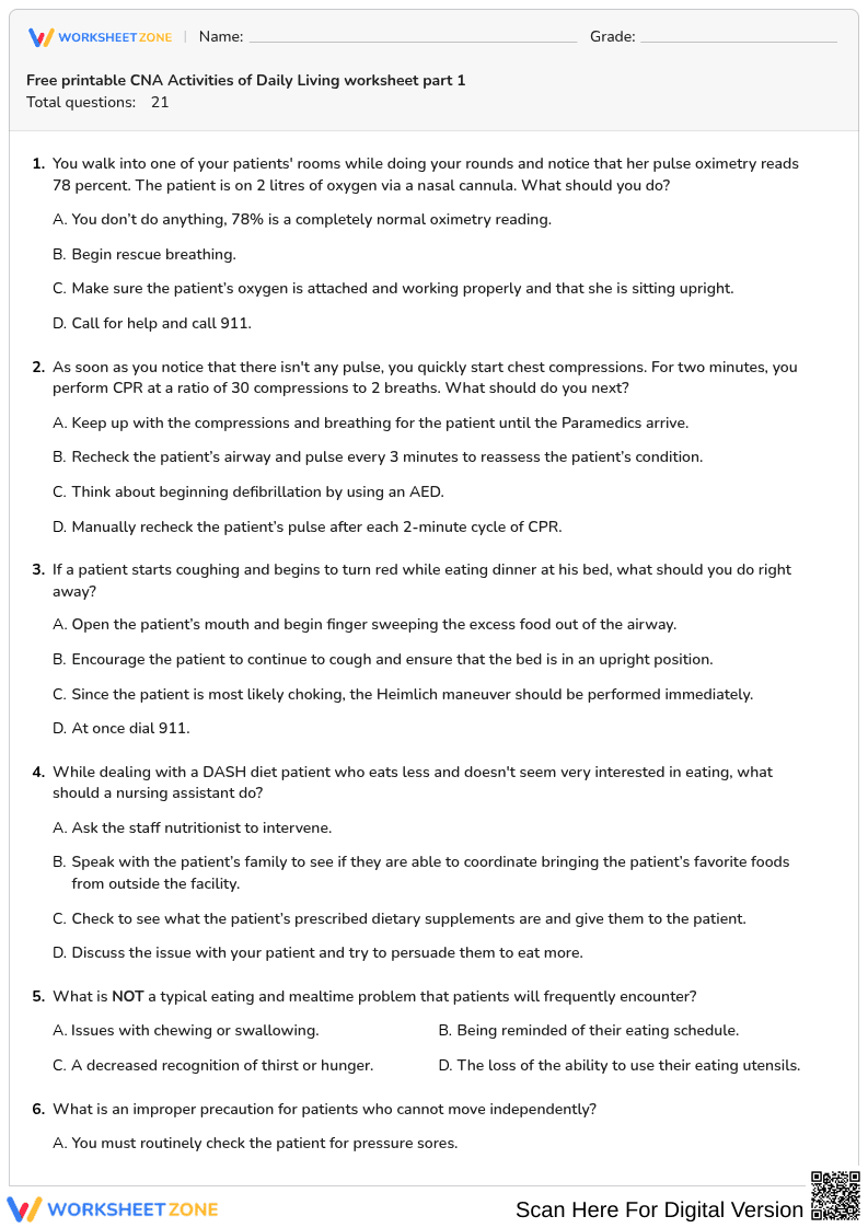 Free printable CNA Activities of Daily Living worksheet part 1 - Page 1