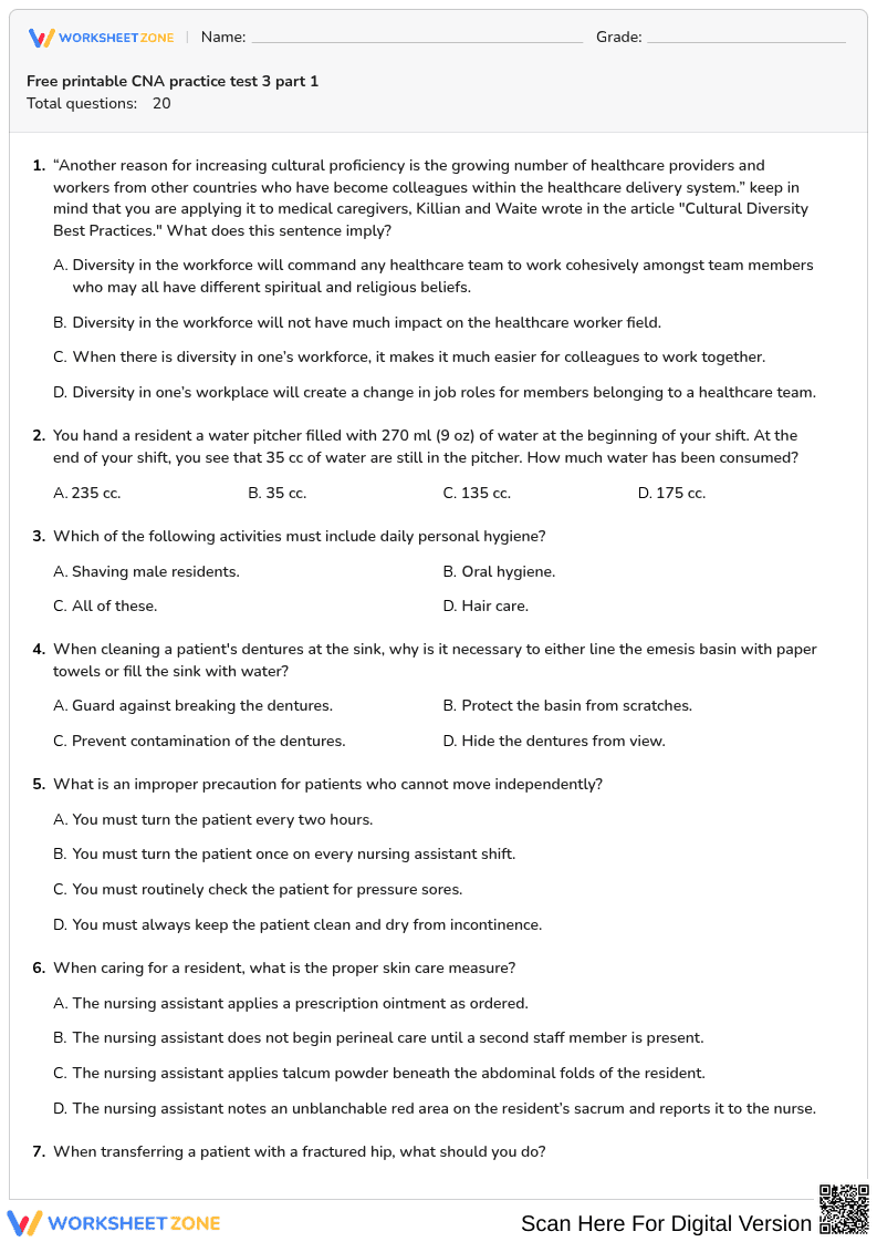 Free printable CNA practice test 3 part 1