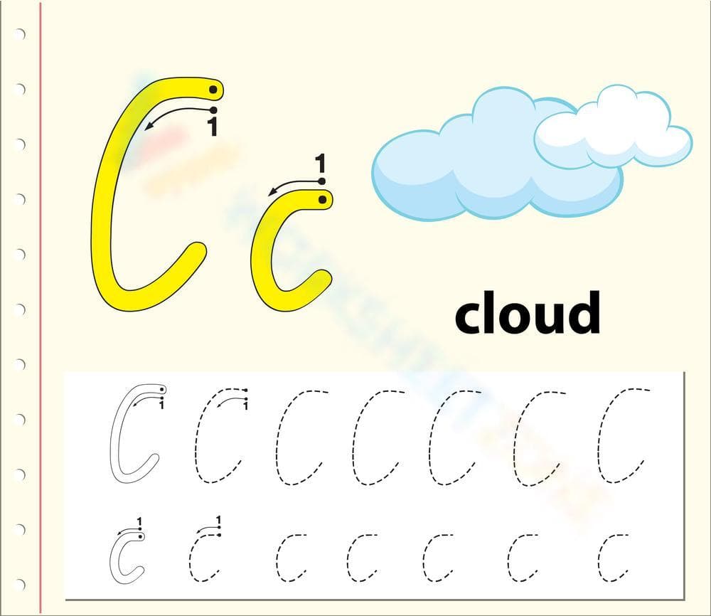 Letter C Writing Practice with Cloud Picture - Page 1
