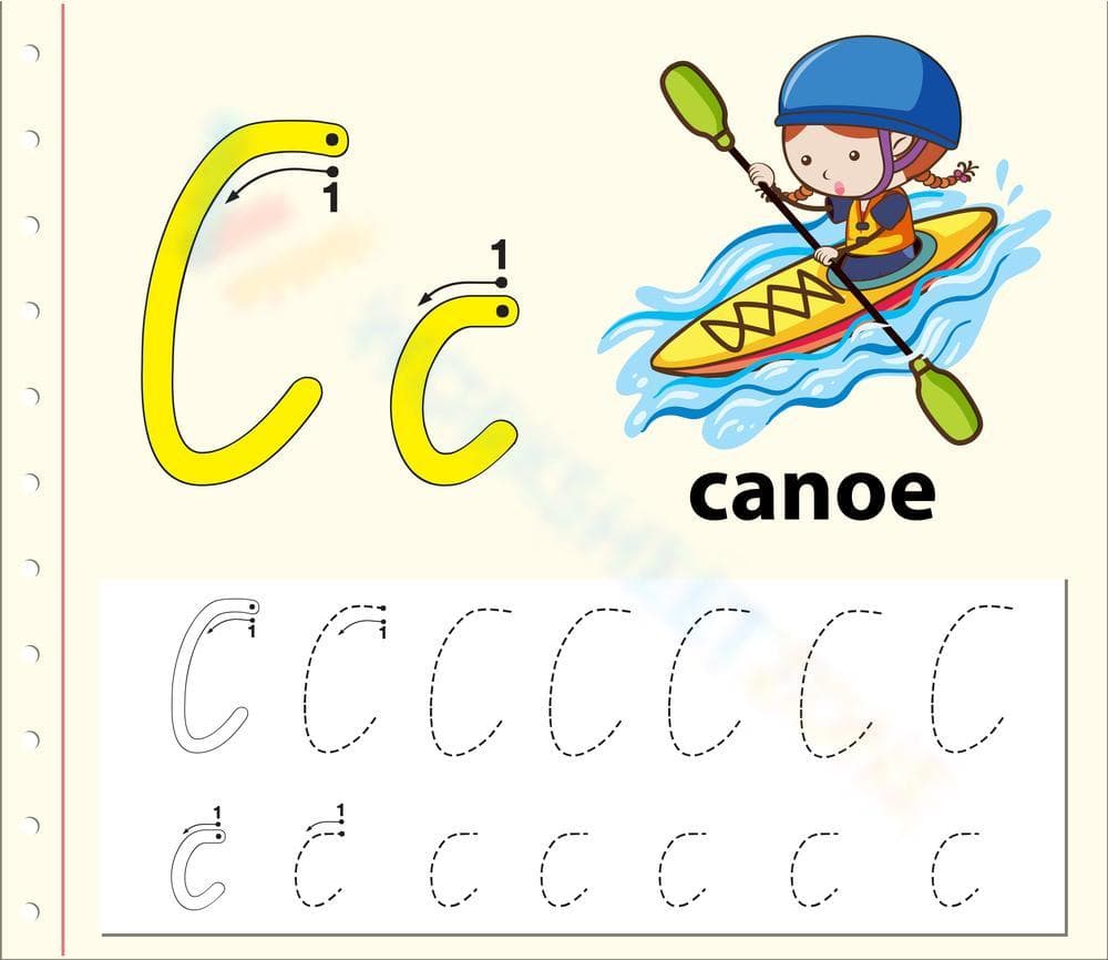 Tracing Cursive Letter C With Canoe - Page 1
