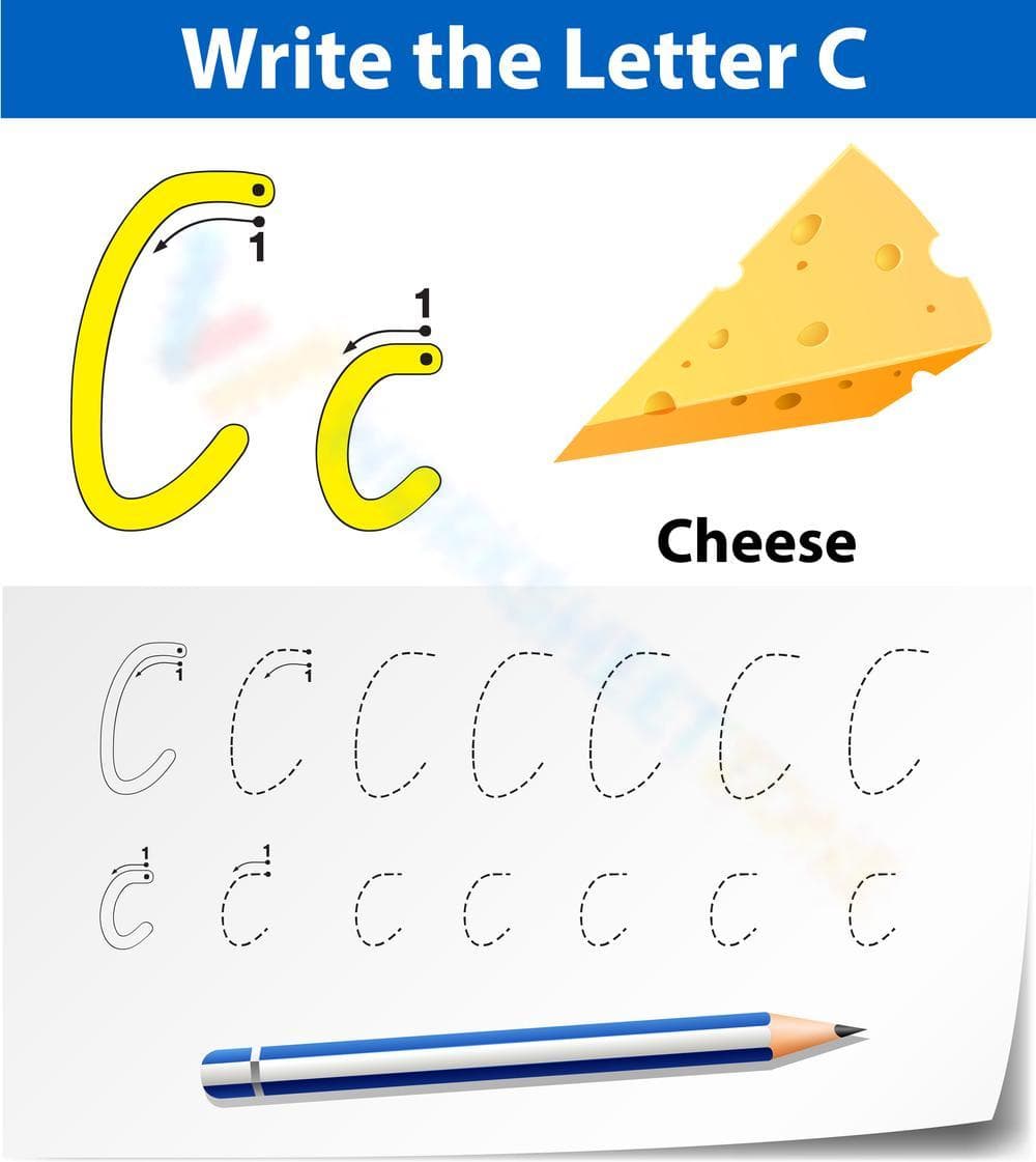 Write Letter C Worksheet with Cheese Picture - Page 1