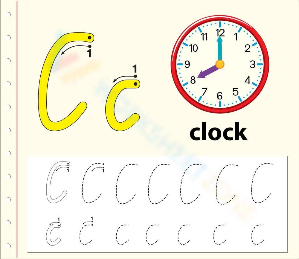 Tracing Cursive Letter C With Clock Picture - Page 1
