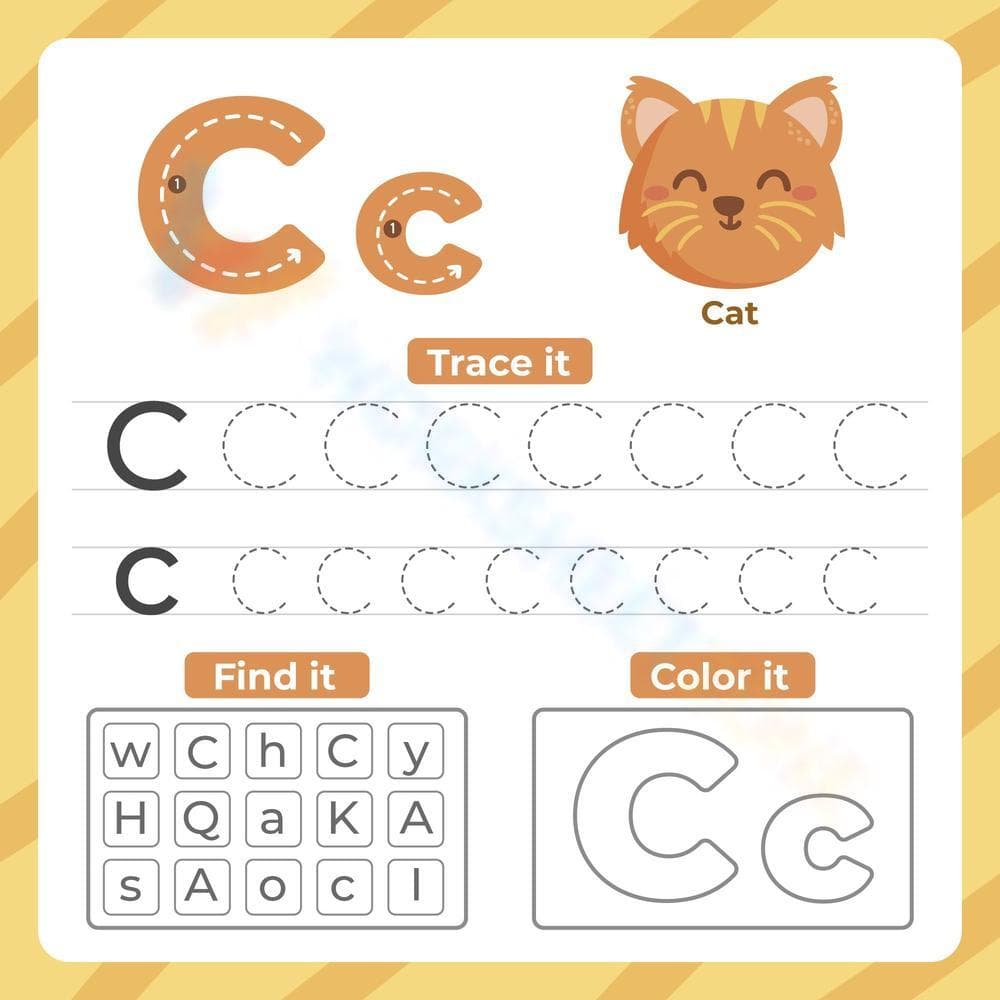 Letter C Trace, Find, and Color with Cute Cat Activity - Page 1