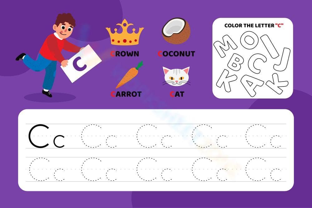 Color and Trace Letter C Worksheets for Kids - Page 1