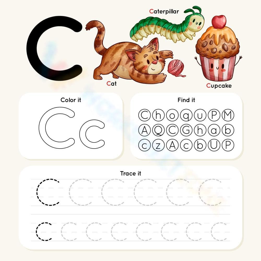 Trace, Find and Color Letter C with Pictures - Page 1