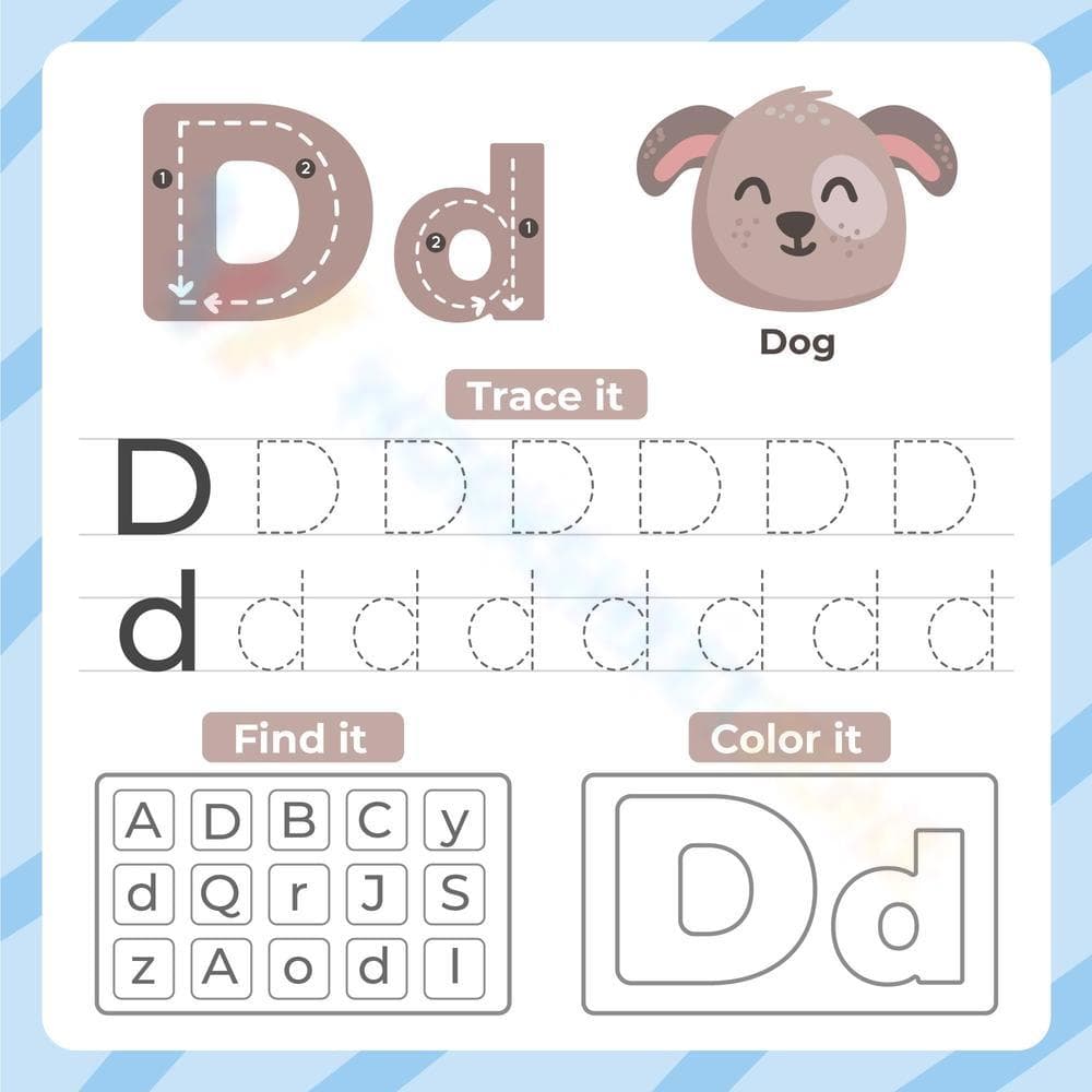 Letter D: Trace, Find, and Color Worksheet - Page 1
