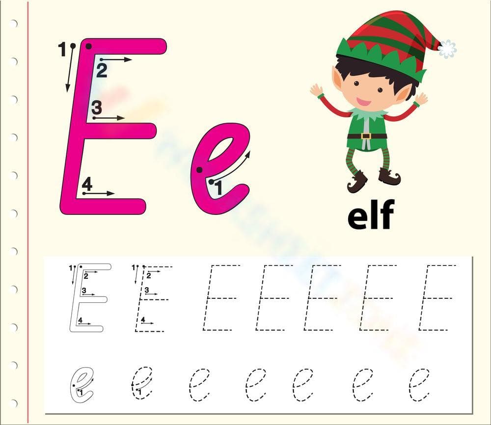 Letter E Writing Practice with Christmas Elf - Page 1