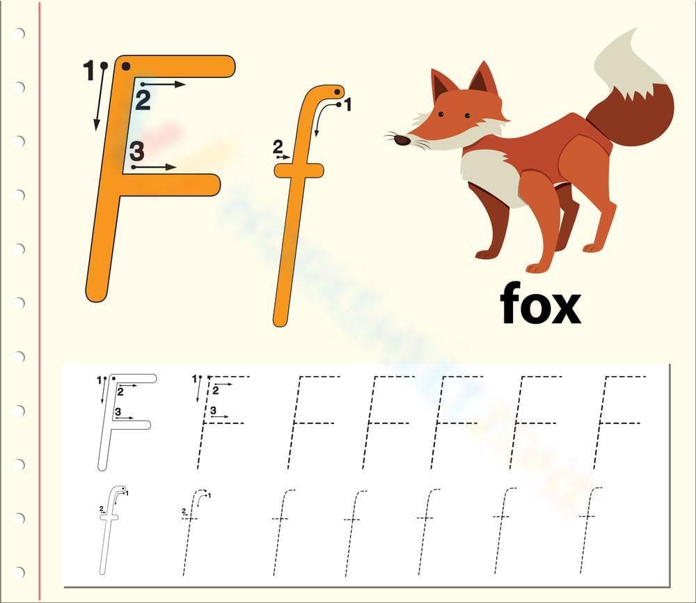 Letter F for Fox Tracing Worksheet - Page 1