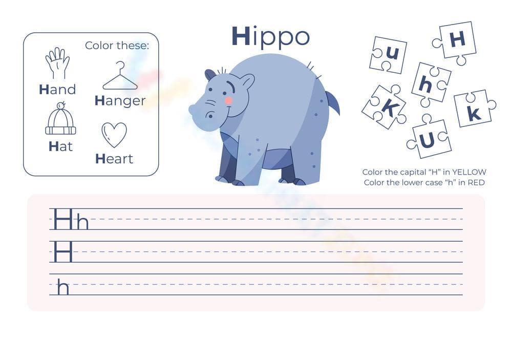 Color and Write Letter H with a Hippo - Page 1