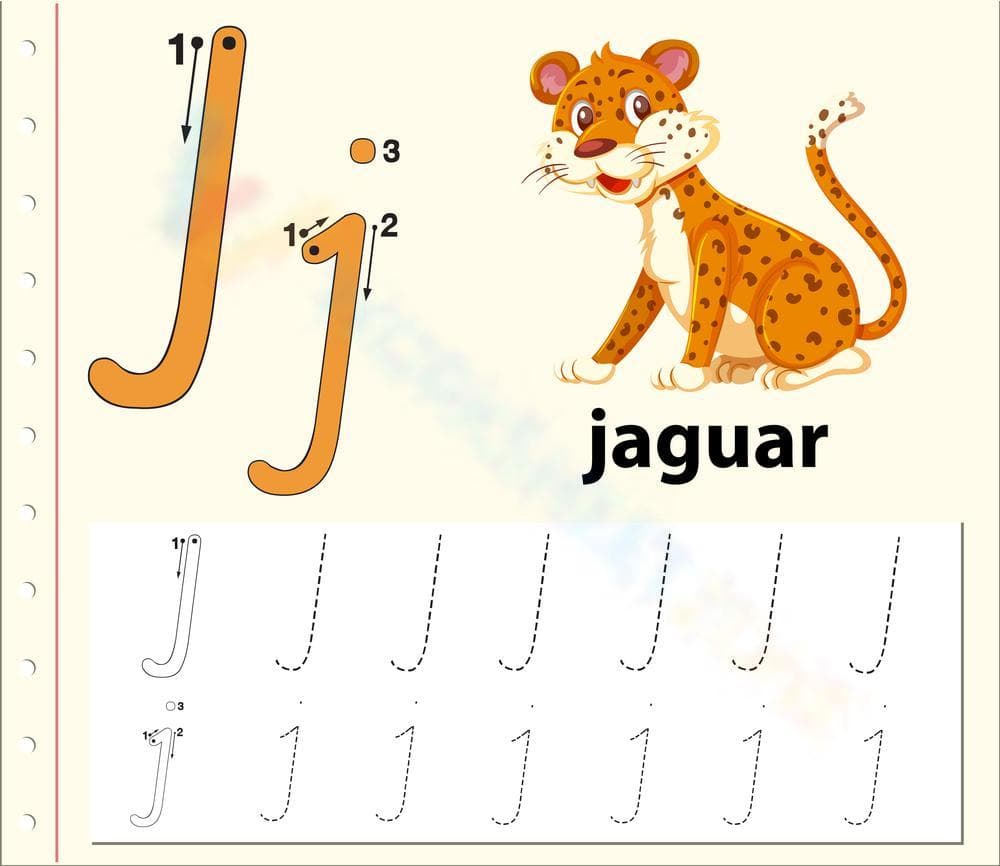 Letter J Tracing Worksheet with Jaguar - Page 1