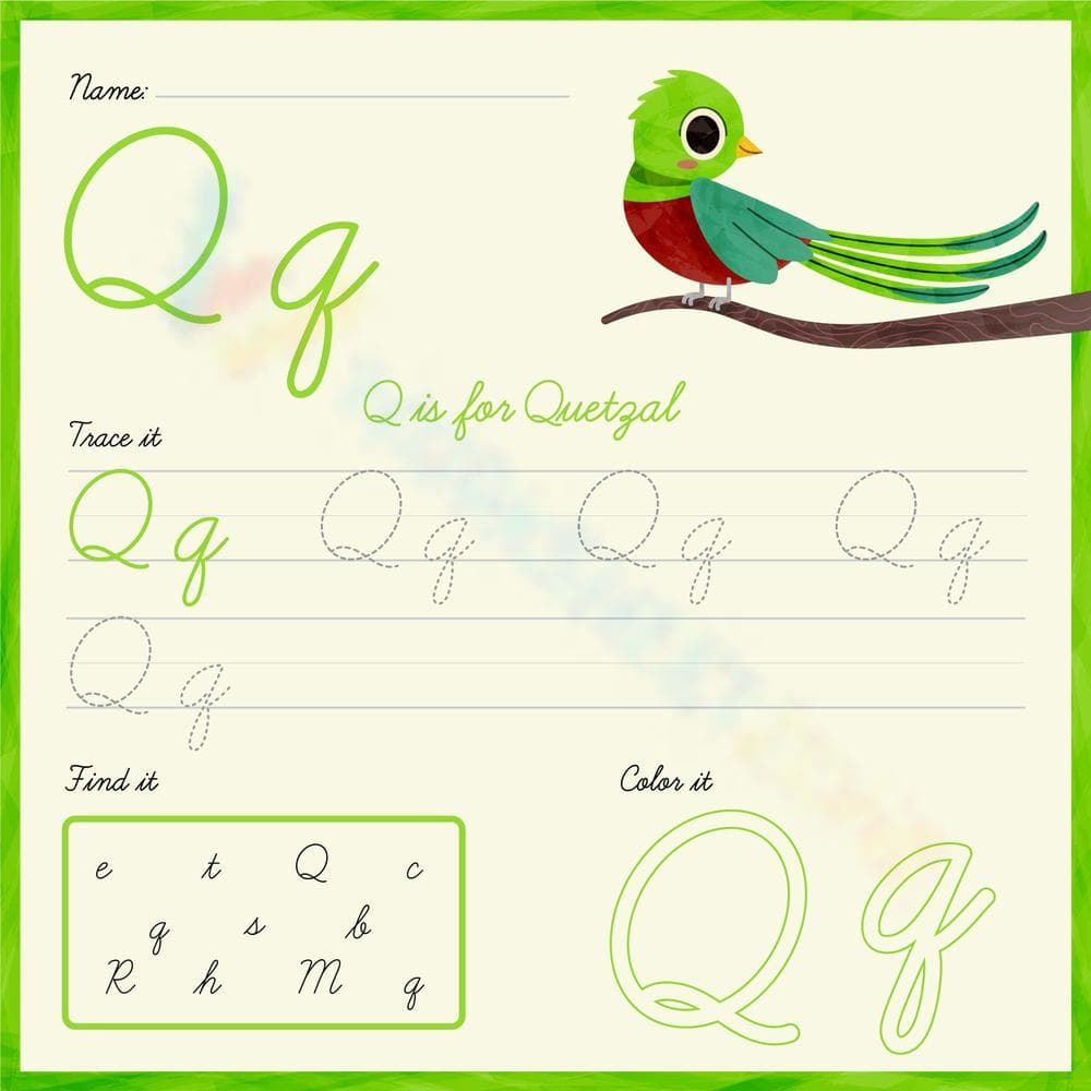 Cursive Letter Q: Trace and Color - Page 1