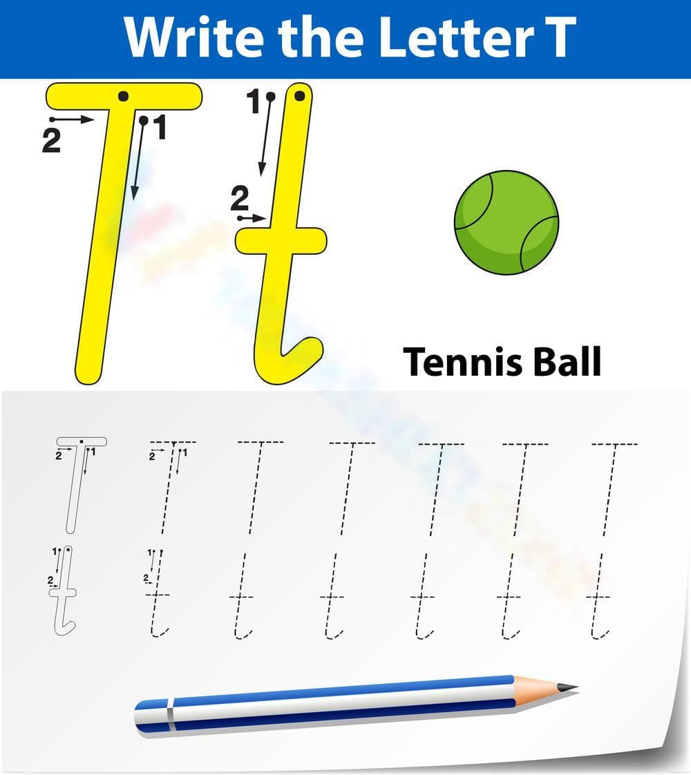Letter T Tracing Worksheet: T is for Tennis ball - Page 1