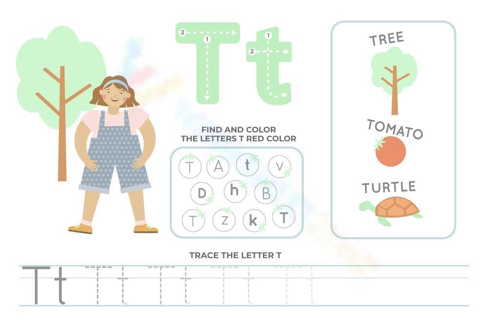 Find, Color, and Trace Letter T - Page 1
