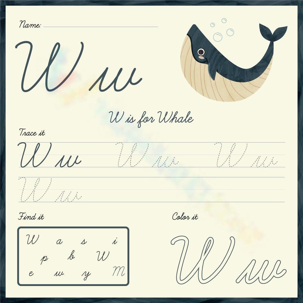 Cursive Letter W For Whale: Trace, Find and Color - Page 1