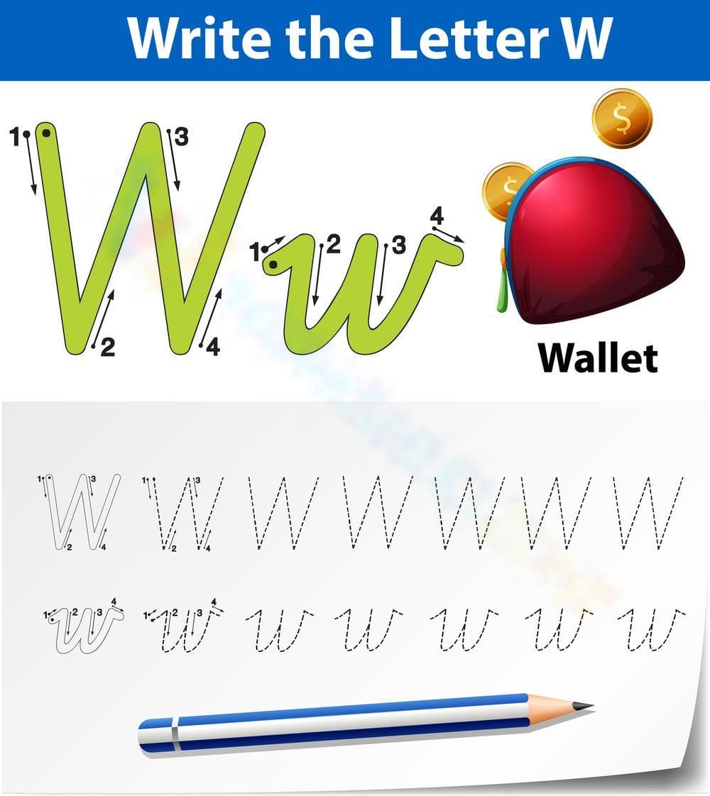 Letter W Writing Practice: Wallet Example - Page 1