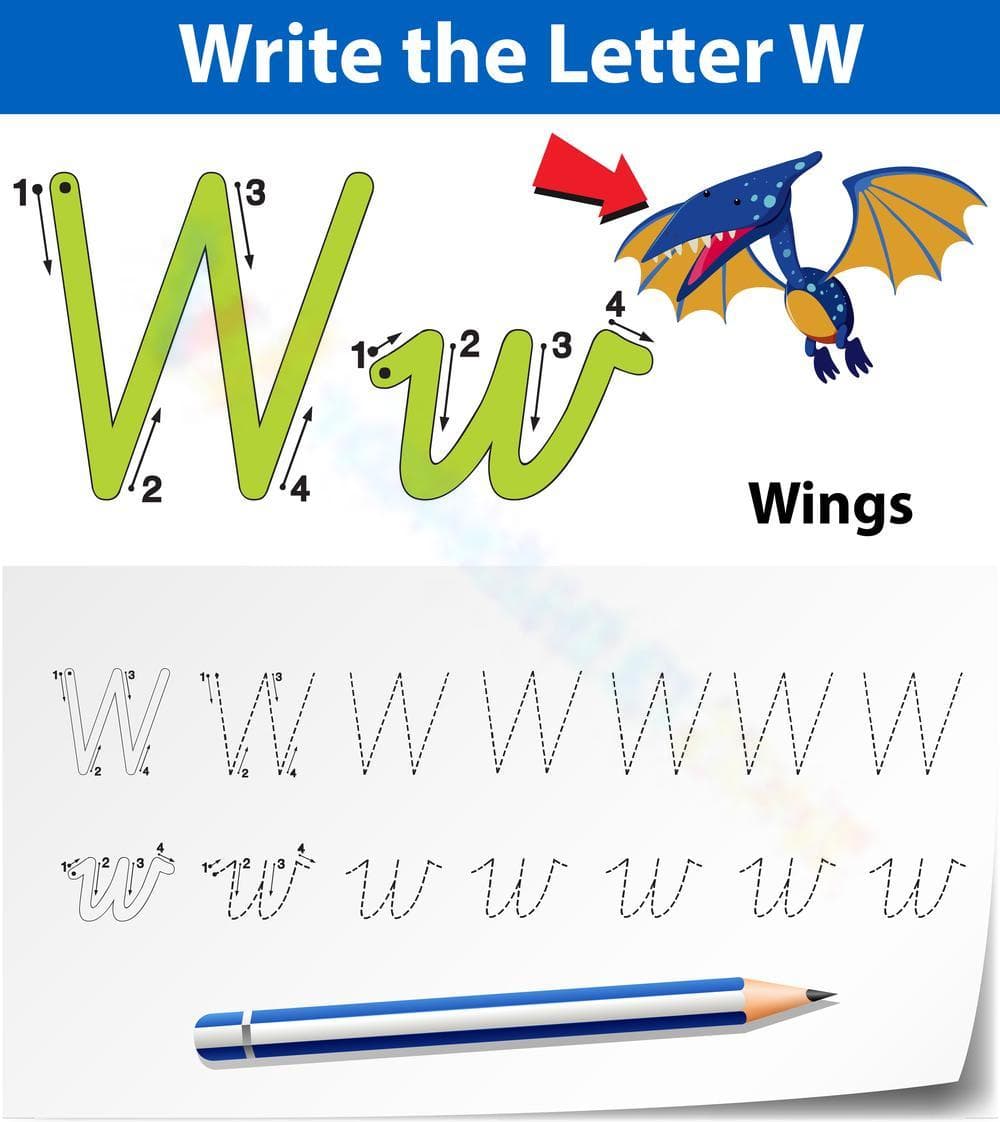 Letter W Writing Practice Sheet with Wings - Page 1