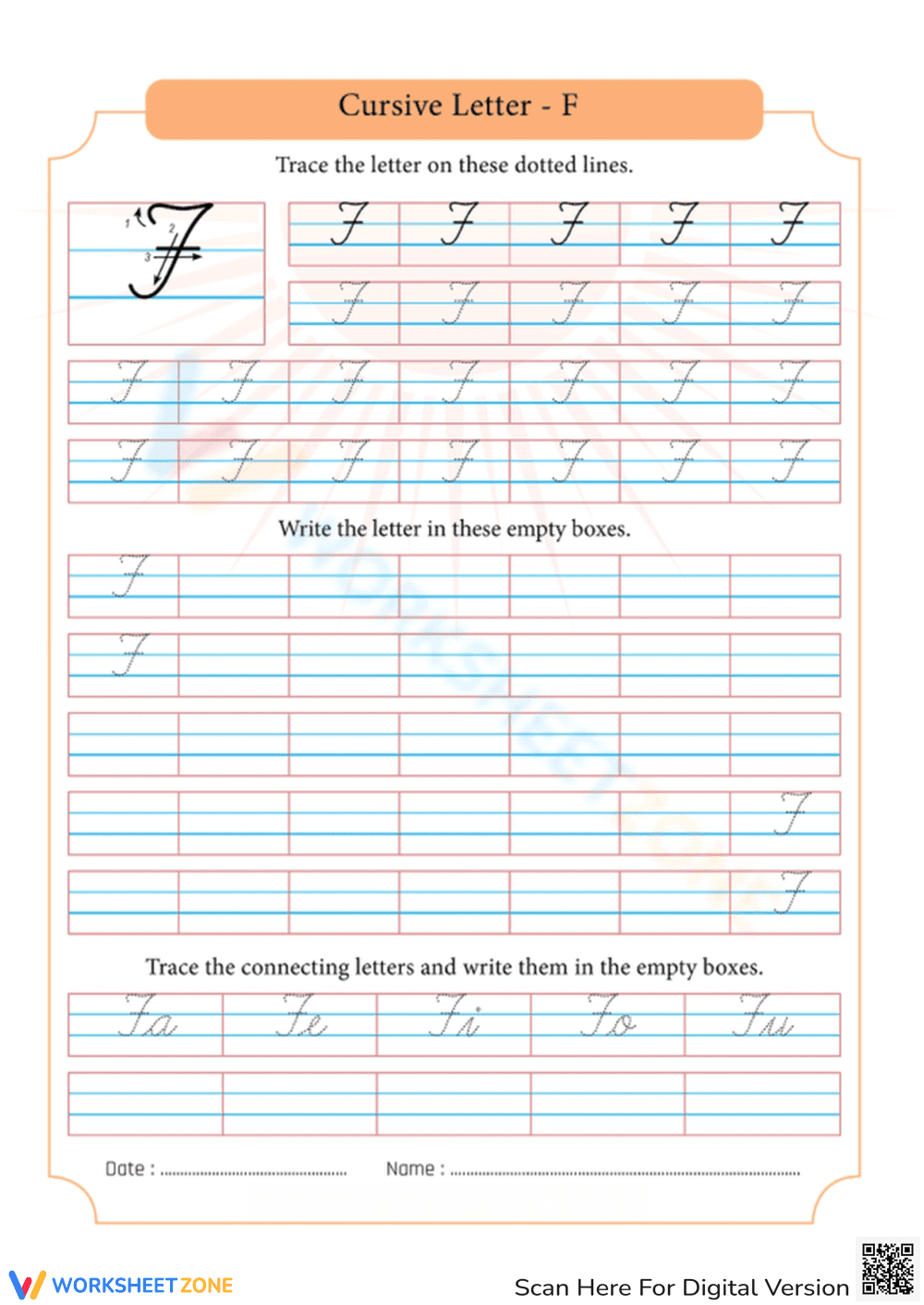 Cursive Letter F Writing Practice - Page 1