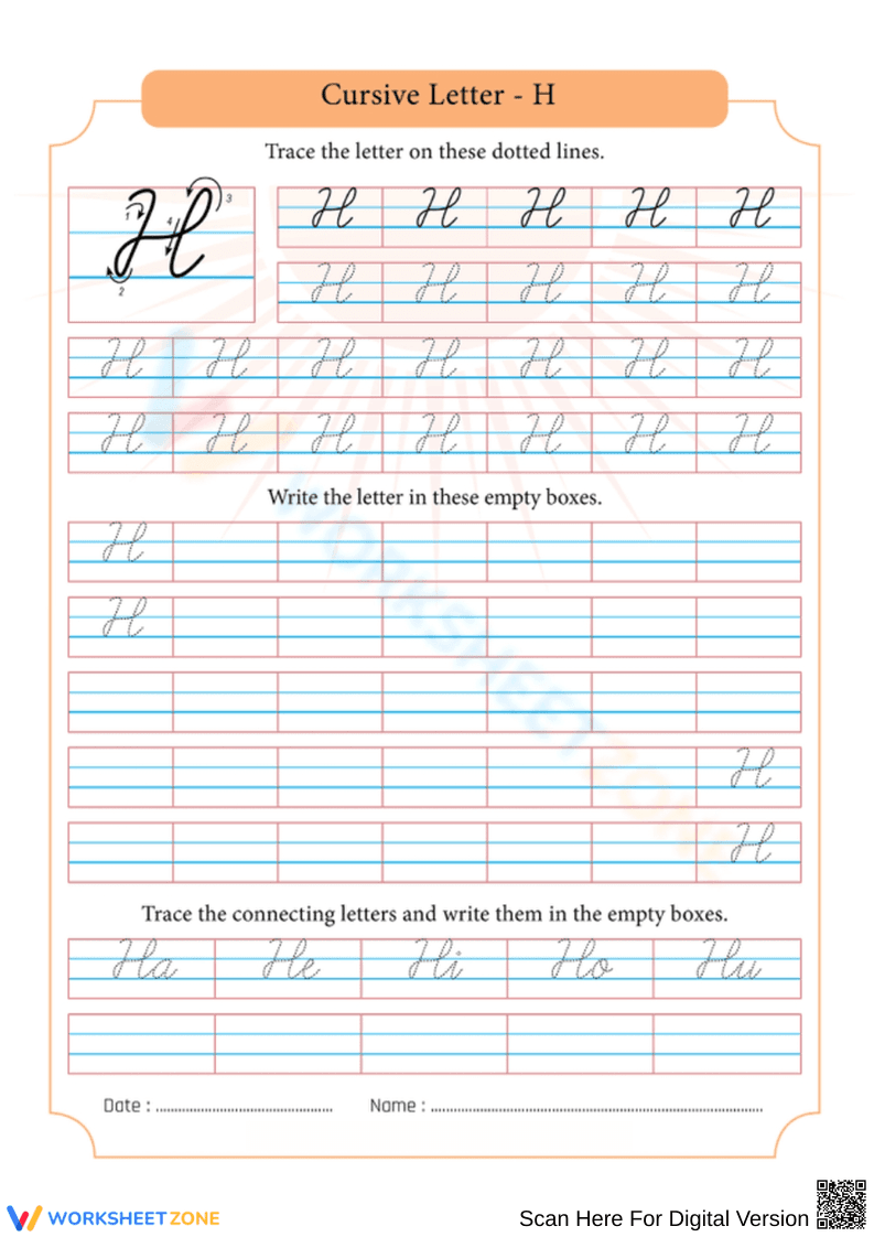 Cursive Letter H – Uppercase Handwriting Practice - Page 1