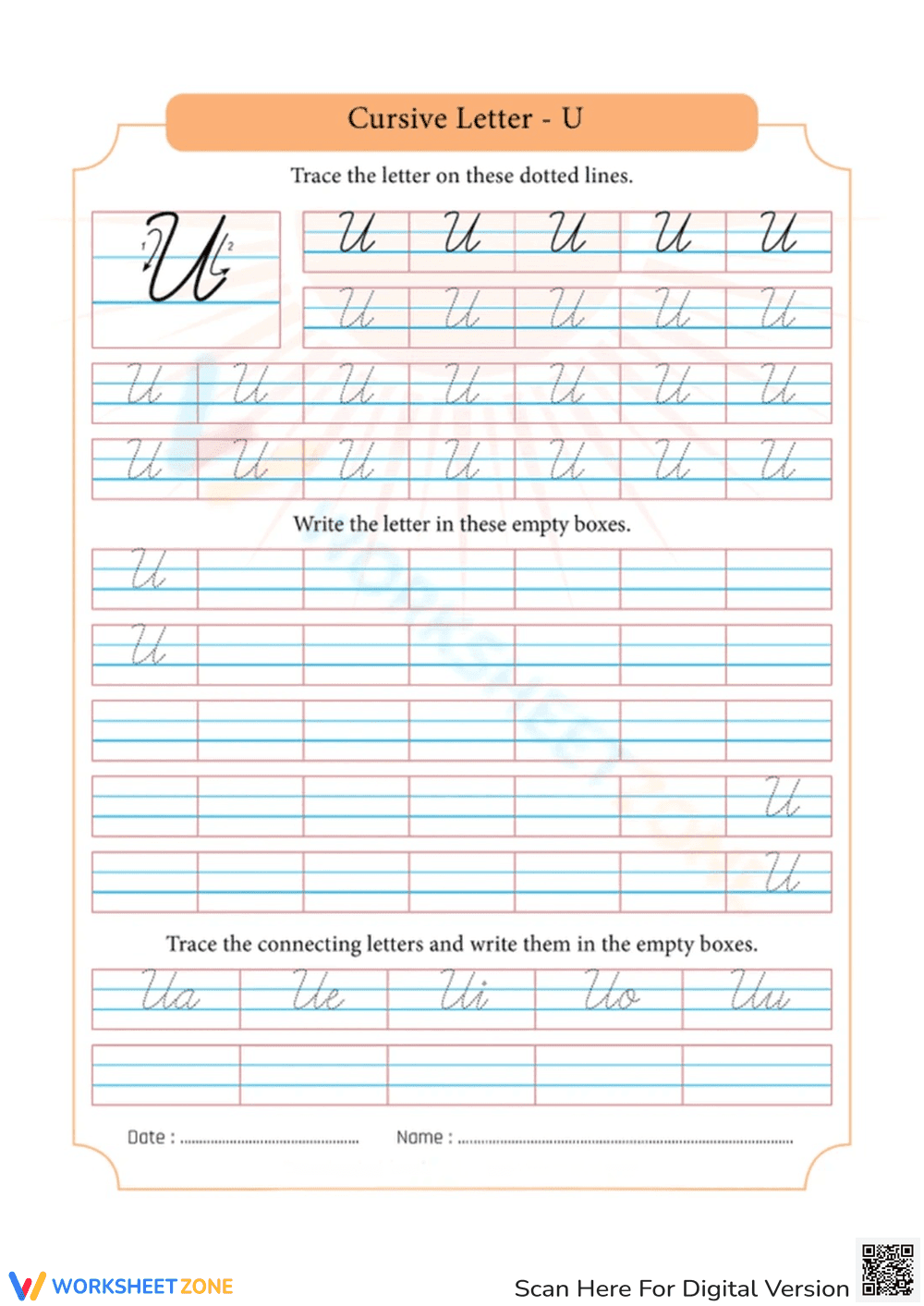 Cursive Handwriting Practice: Letter U - Page 1