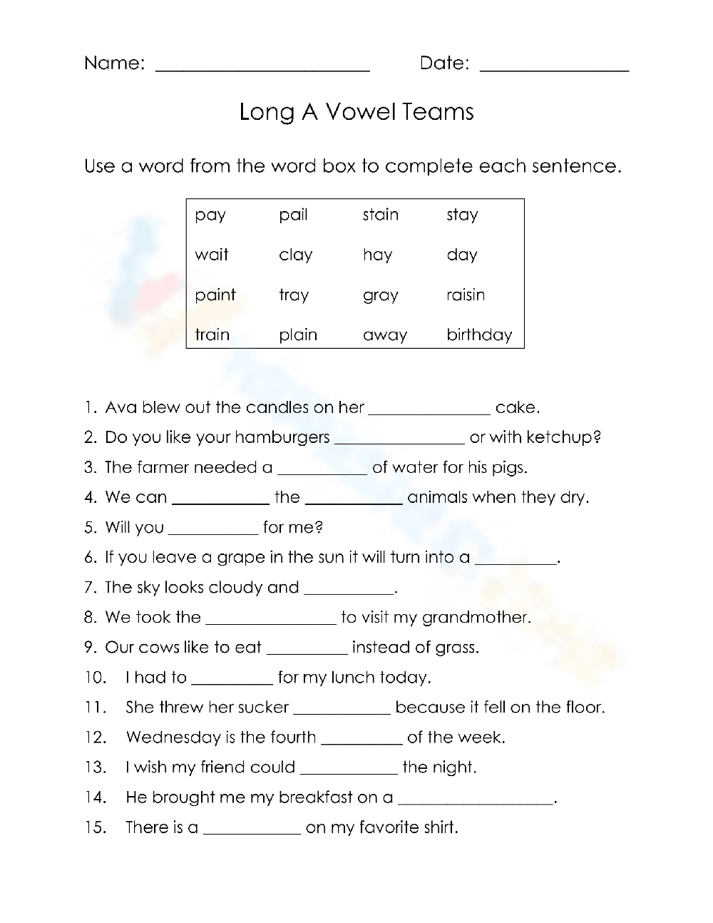 Long A Vowel Teams Worksheet – Fill in the Blanks Activity
- Page 1