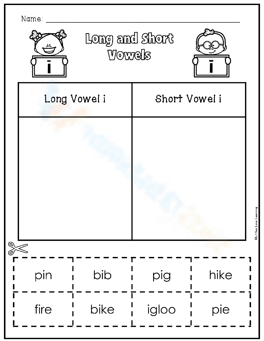 Matching vowel sounds: Long I vs Short I - Page 1