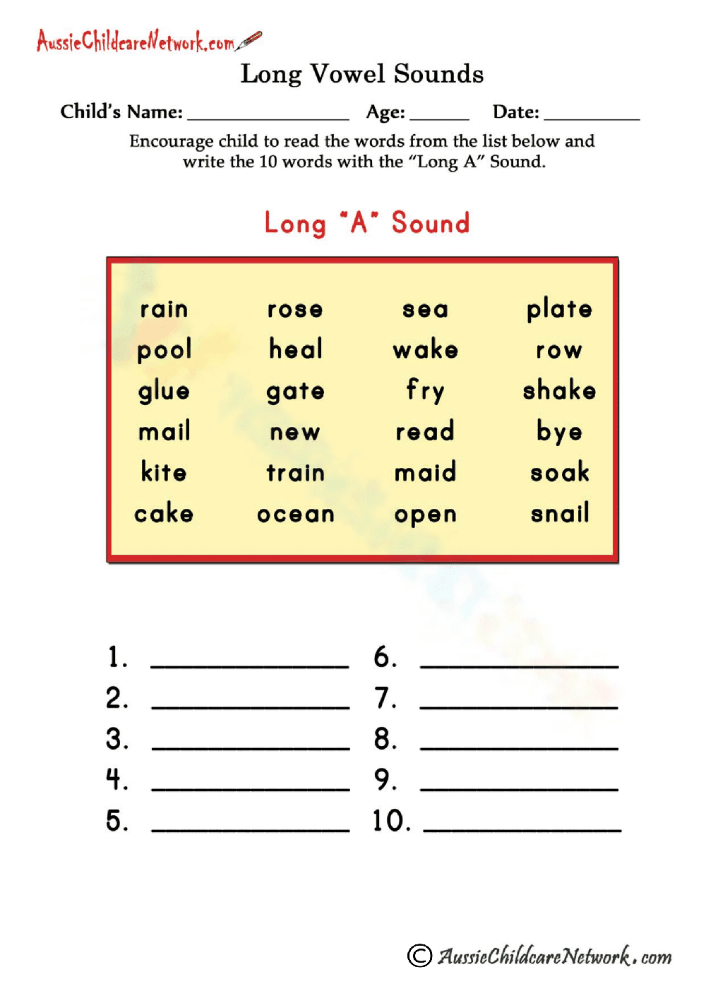 Long A Sound Practice for Phonics - Page 1