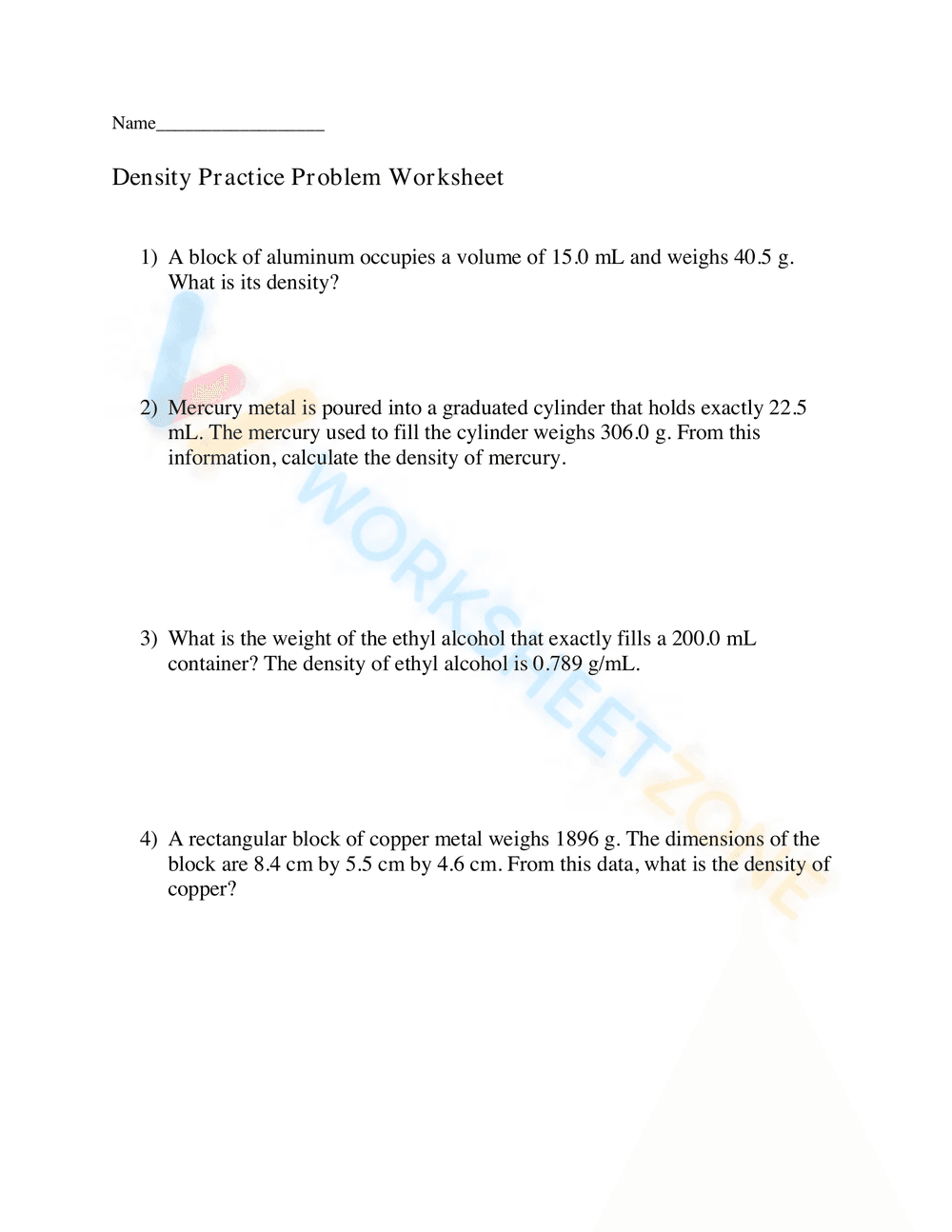 Density Practice Problem Worksheet - Page 1