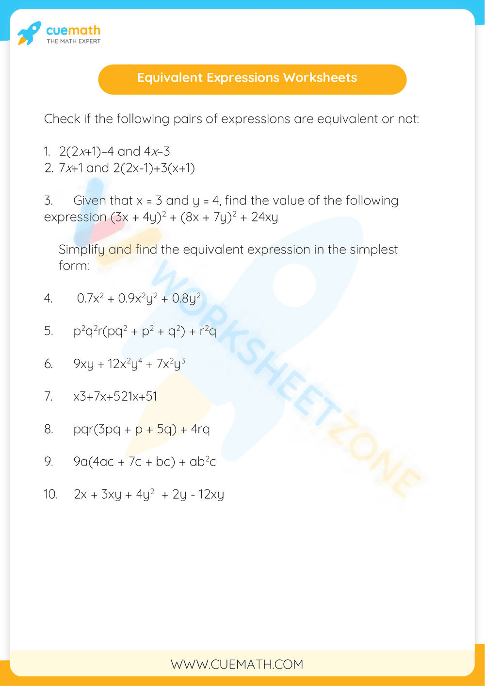 Equivalent Expressions Worksheets 1 - Page 2