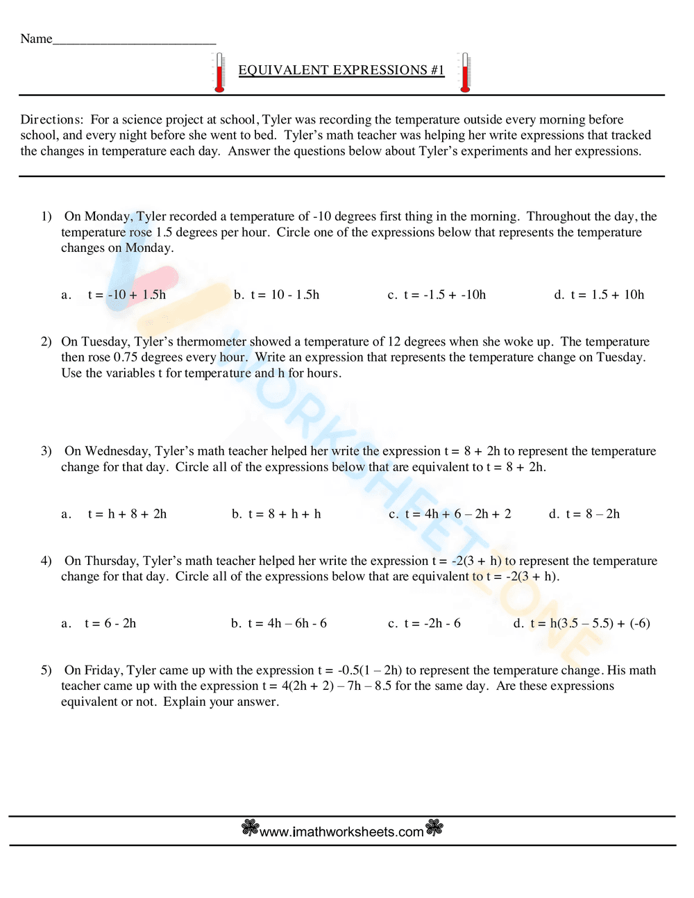 Equivalent Expressions Worksheets 5 - Page 1