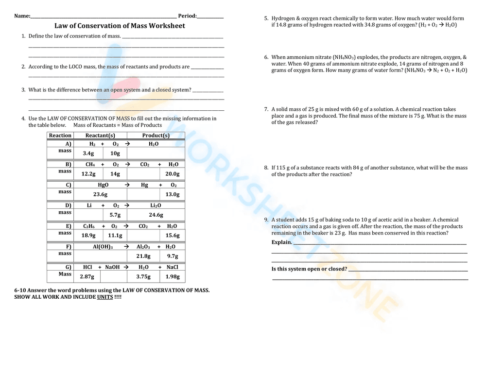 Understand Law of Conservation of Mass with Worksheet - Page 1