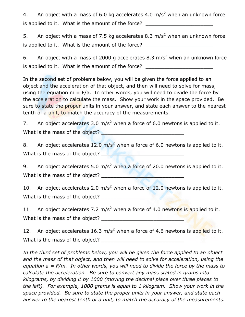 Newton’s Second Law of Motion Problems Worksheet - Page 2