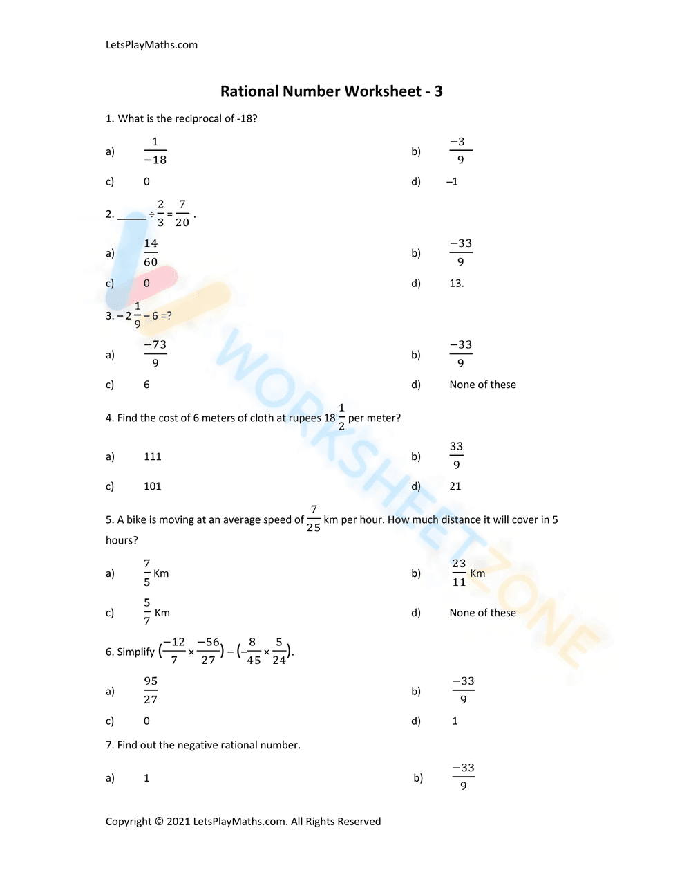 Rational Number Worksheet 3 - Page 1