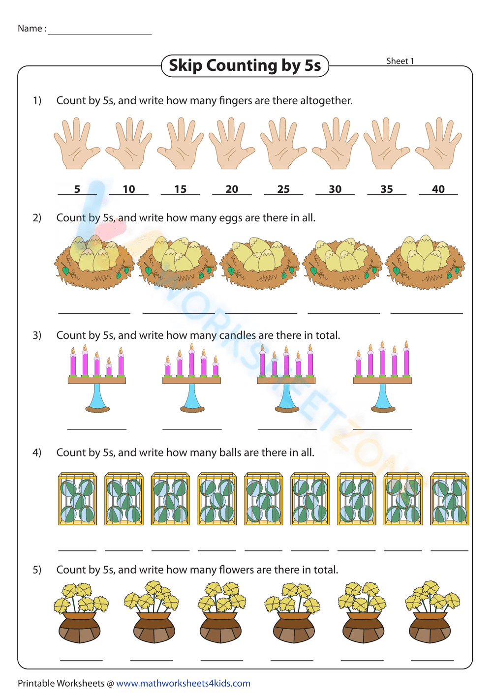 Skip counting by 5s with pictures - Page 1