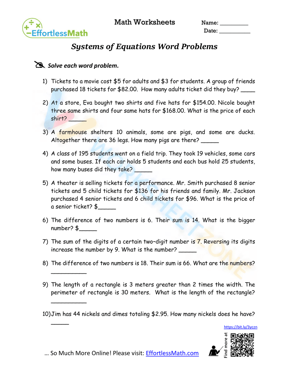 Systems of Equations Word Problems - Page 1