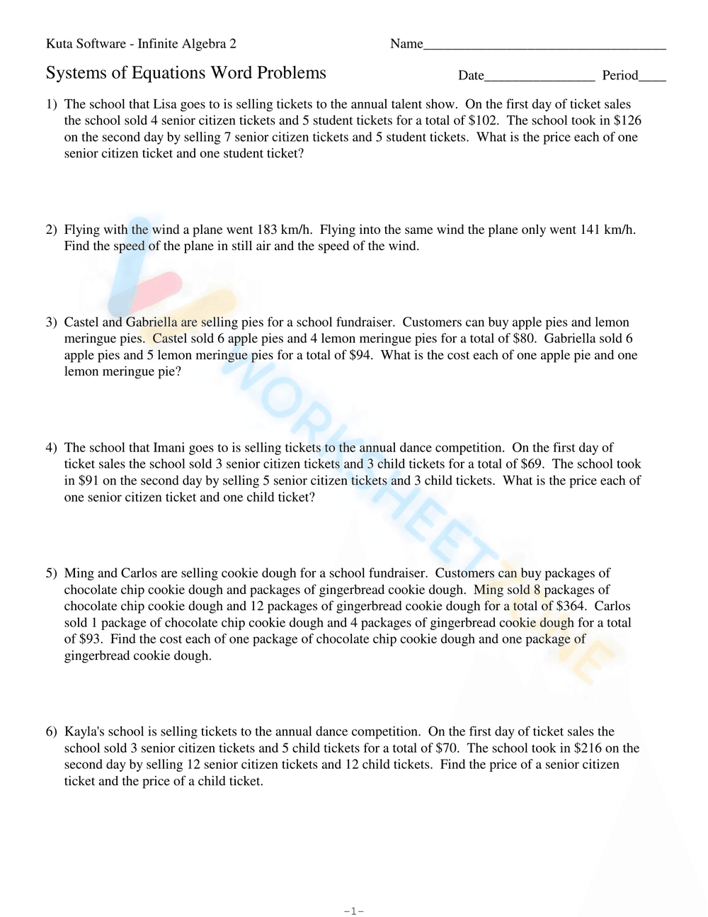 Systems of Equations Word Problems 2 - Page 1