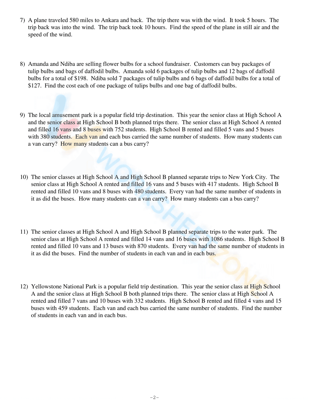 Systems of Equations Word Problems 2 - Page 2