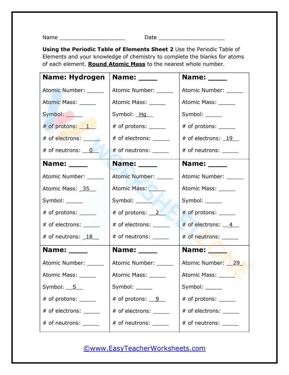 Using the Periodic Table of Elements Sheet 1 - Page 1