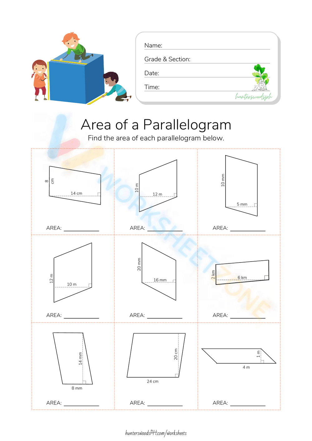 Worksheet 3: Area of a Parallelogram for Grade 4 - Page 1