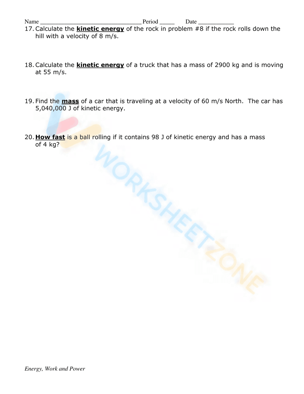 WORKSHEET: KINETIC AND POTENTIAL ENERGY PROBLEMS - Page 2