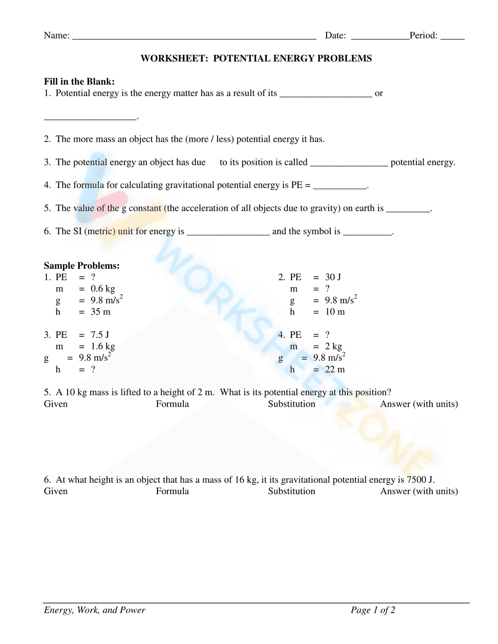WORKSHEET: KINETIC AND POTENTIAL ENERGY PROBLEMS - Page 3