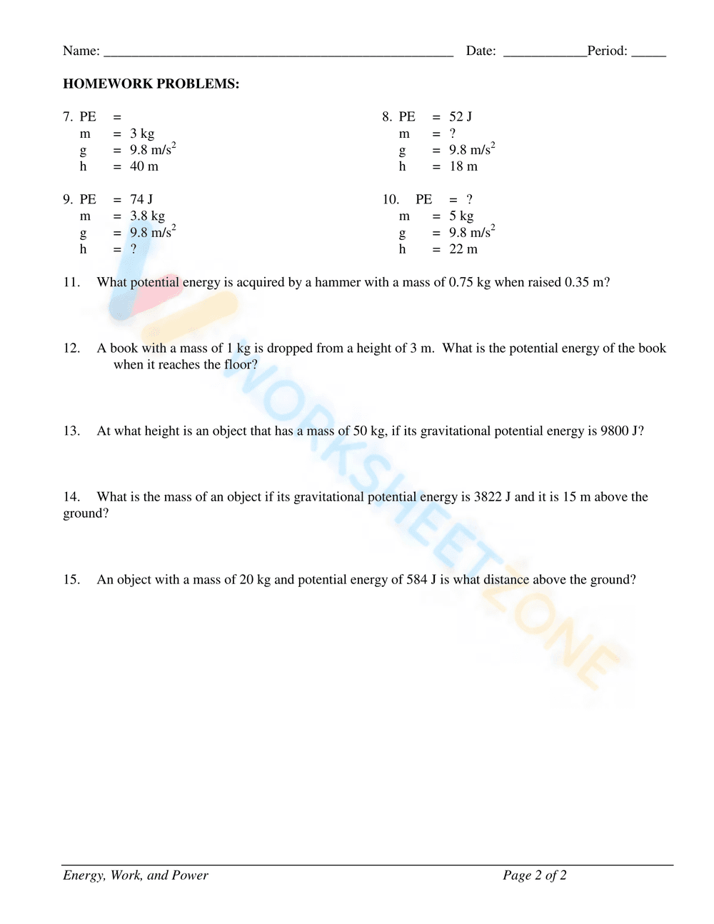 WORKSHEET: KINETIC AND POTENTIAL ENERGY PROBLEMS - Page 4