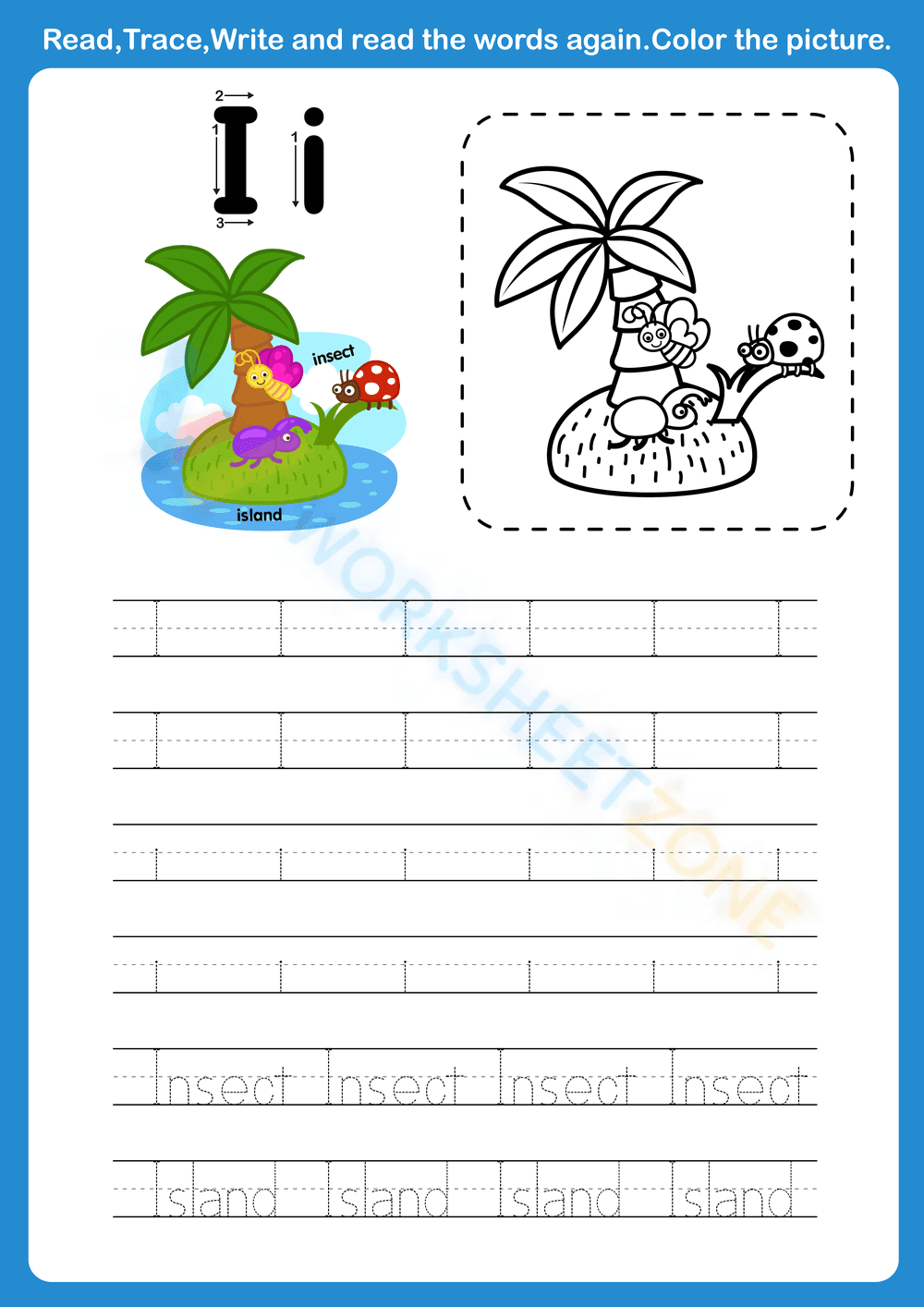 Write letter I and color the picture - Page 1