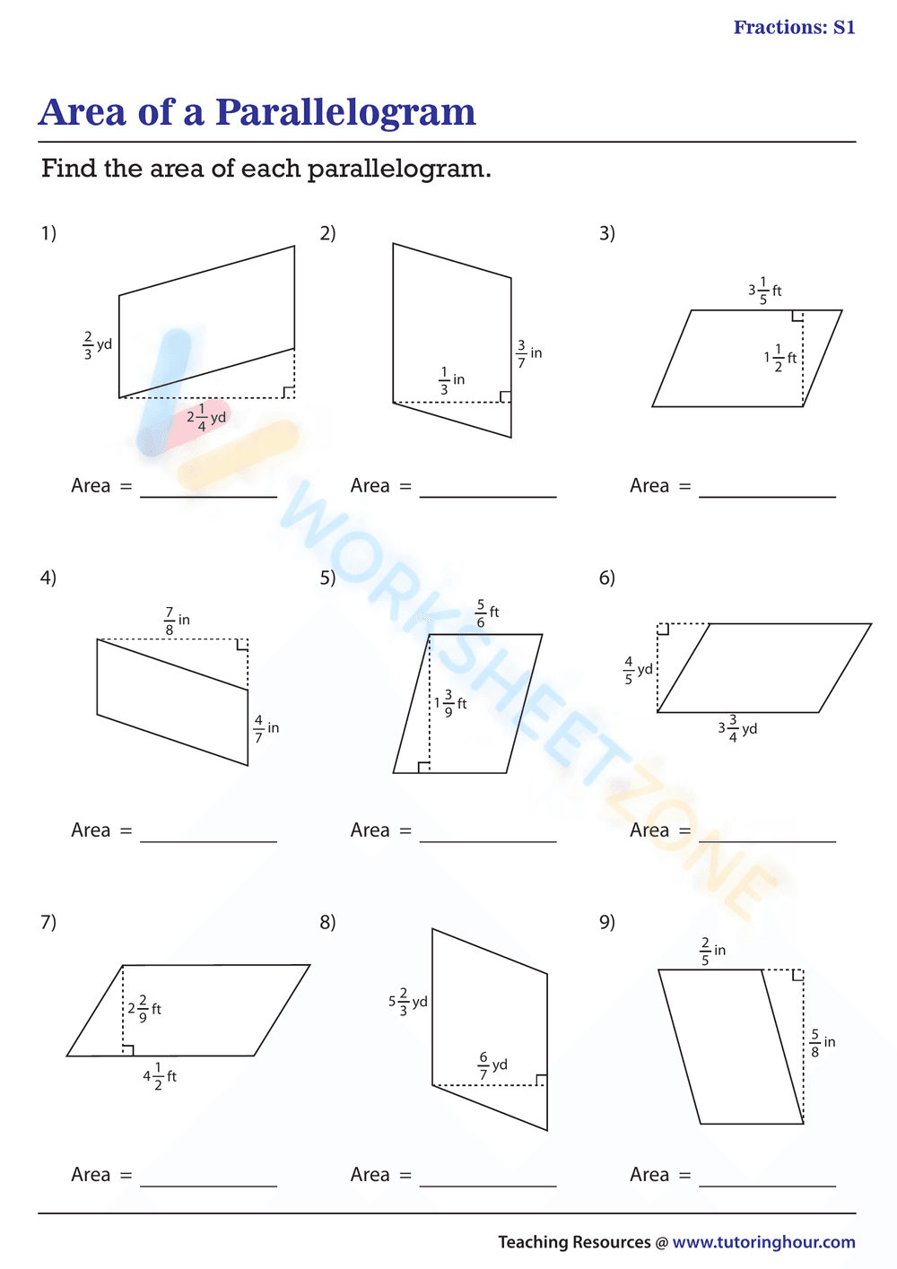 Calculate Area of Parallelograms with Fractions - Page 1