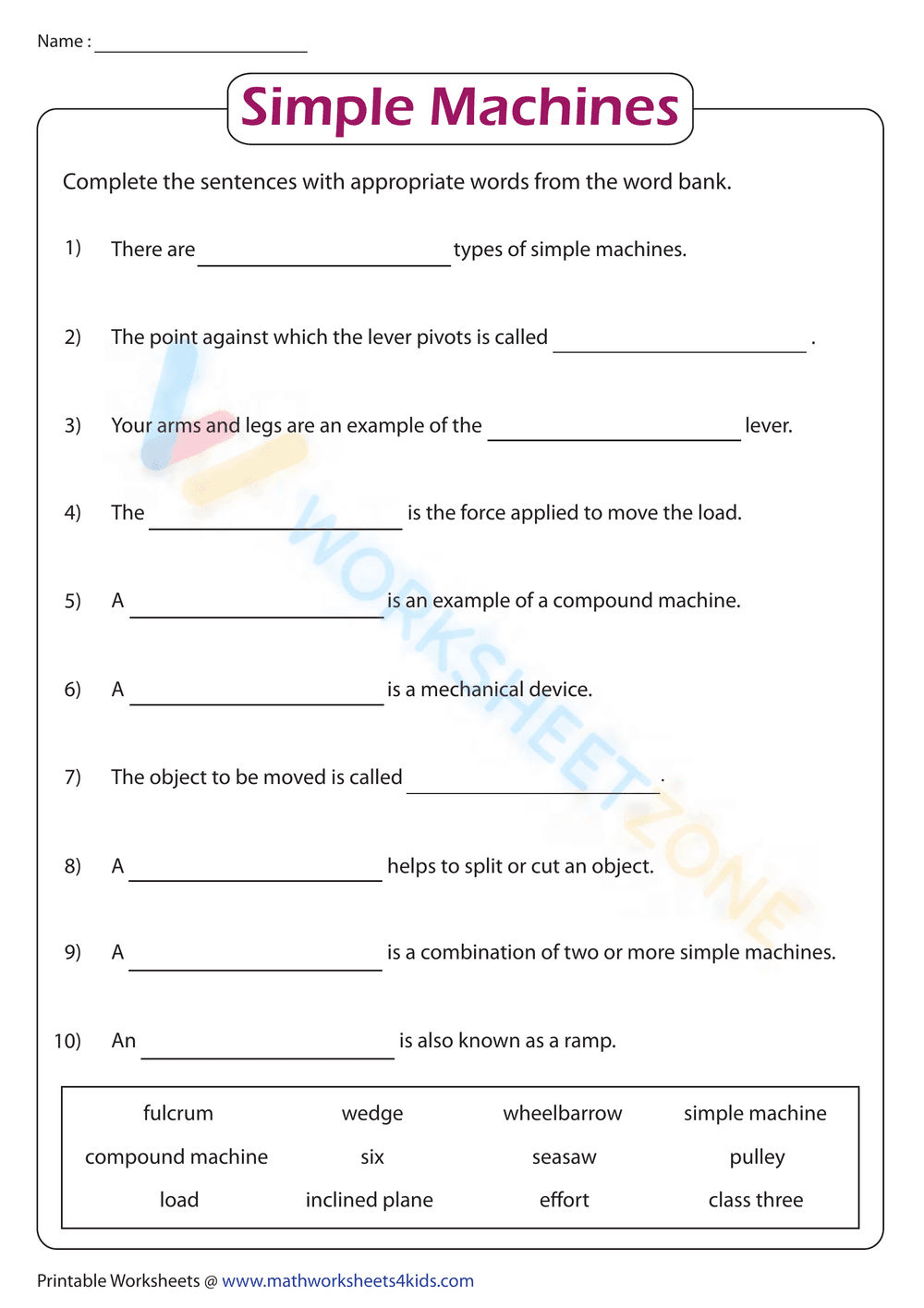 Simple Machines | Match the following - Page 1